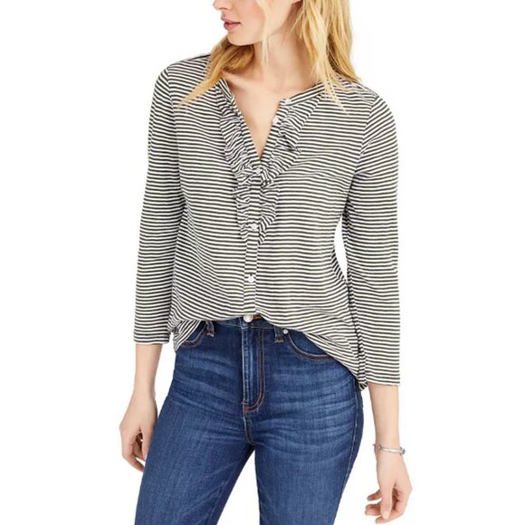 LUCKY BRAND Striped Blouse Women's Large Ruffled Top 3/4 Sleeve Preppy Classic - Picture 1 of 7